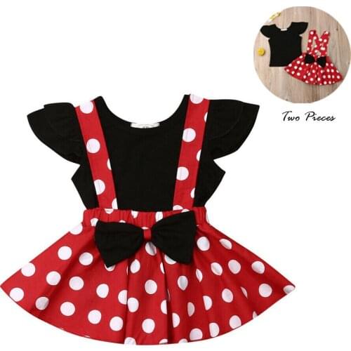 Summer Sweet Toddler Baby Girl Clothes Black Vest Top Strap Skirt 2PCS Polka Dot Cartoon Outfit Set