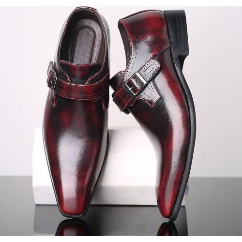 New Spring Autumn Male Pointed British Mens Leather Shoes Buckle Low-Heeled Shoes Large Size Mens Dress Shoes