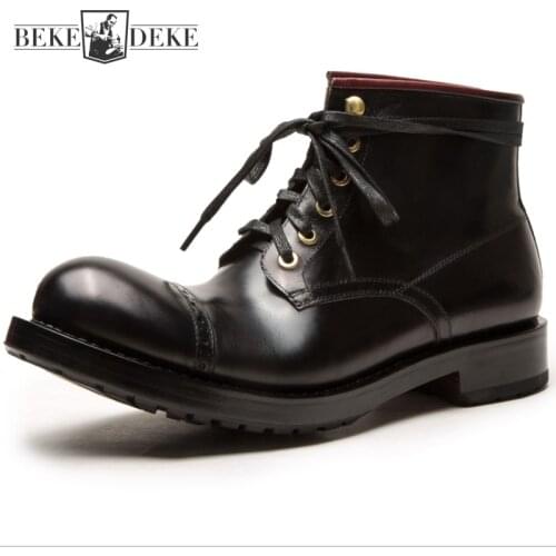 Plus Size 45 Vintage Bullock Shoes Men Brand Genuine Leather Cowhide Round Toe Work Shoes Motorcycle Boots Handmade Cowboy Boots