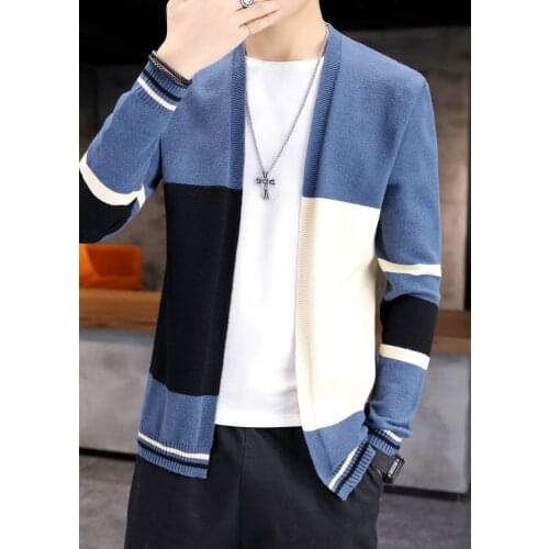 2021 Mens Fall Color-Blocking Cardigan Sweater Youth Handsome Non-Buckle Striped Sweater