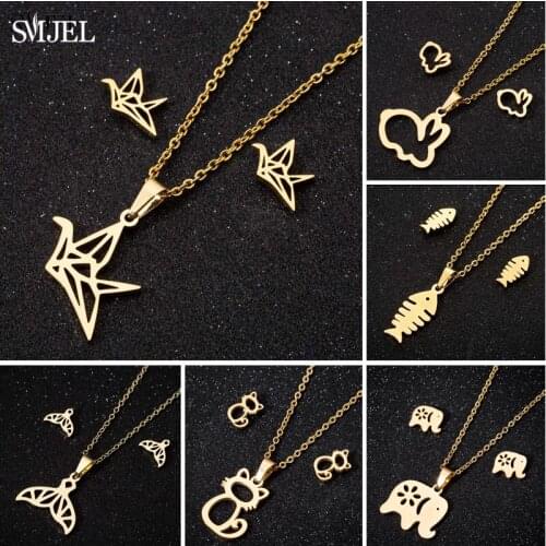 SMJEL Gold Choker Set Stainless Steel Animal Rabbit Necklace With Earrings Cute FIsh Crane Bird Rabbit Earrings Conjunto de joya