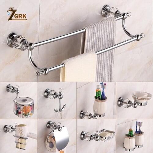 ZGRK Solid Brass Bathroom Hardware Set Chrome Accessories Wall-Mounted Crystal Paper Towel Rack Towel Rack Bathroom Products