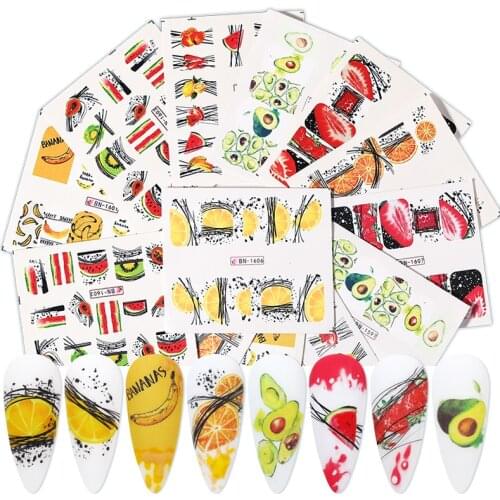1PC Avocado/Watermelon/Orange Nail Stickers Summer Fruit Leaves Transfer Decals Sliders For Nails DIY Decoration Manicures