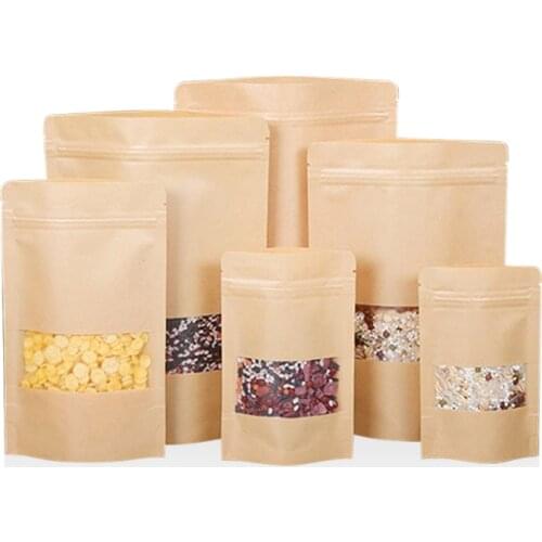 50/100pcs kraft paper zipper lock window bag brown re-sealable stand-up pouch coffee bean wedding festival food packaging