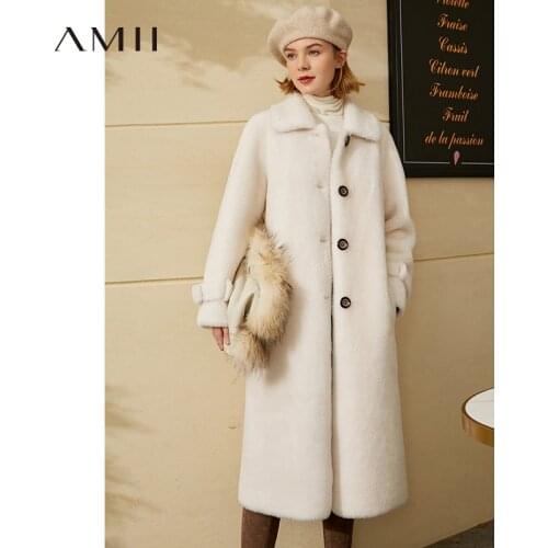 Amii Minimalism Winter Coat Women Fashion Pure Wool Fur Coat Solid Lapel Single-breasted Suede coat Female Jacket 12070553