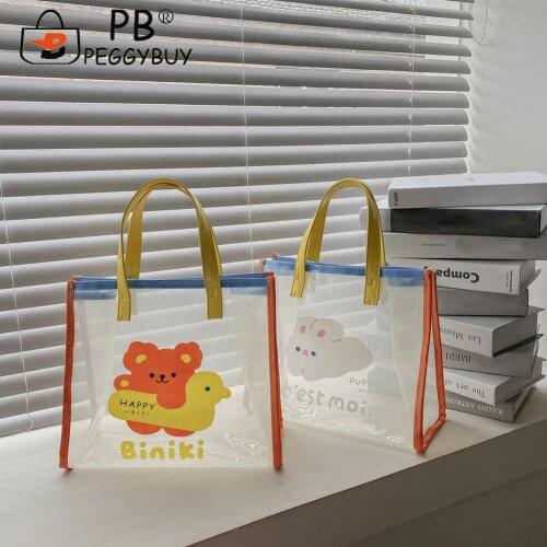 Popular Women Clear Transparent Tote Handbags Cartoon Bear Pattern Printing Shopping Bags Small PVC Tote Bags