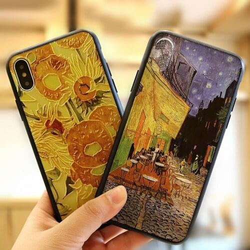 Relief Phone Case Starry Sunflower Night Mobile Phone Case Cover for iPhone 6 7 8 11 Plus XS Max XR Green Pink