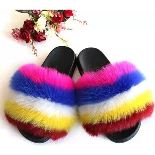 Summer Flat Furry Shoes Fluffy Women Fur Slippers Fuzzy Flip Flops Faux Fur Slides Soft Home Slippers Female Fur Shoes TX413
