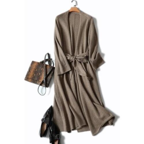 Shuchan White Sweater Long 100% Cashmere thick Lace Up Belt Womens Sweaters Clothes Winter Womens 2018 Warm Knitted Sweater