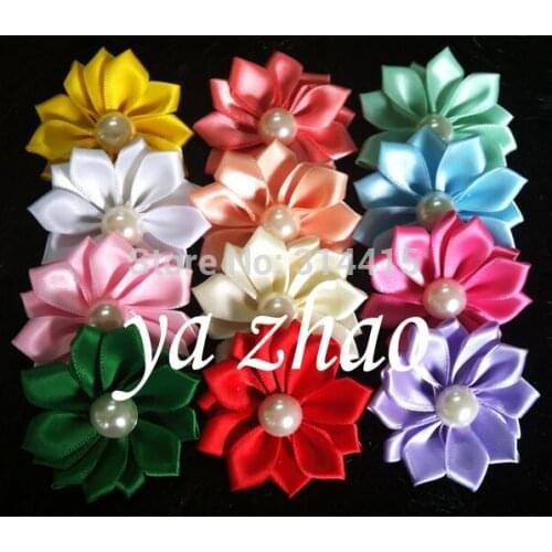 Trail order, 2" Satin Ribbon Multilayers Flower With Pearl, 70pcs/lot, mixed 14colors, free shipping