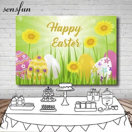 Sensfun Spring Happy Easter Photography Backgrounds Green Sunflower Eggs Baby Shower Newborn Backdrops 7x5ft Vinyl