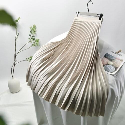 High Quality Design Skirts Womens 2021 New Elegant Chic Solid Color Pleated Skirt High Waist Luxury Elastic Waist Long Skirt