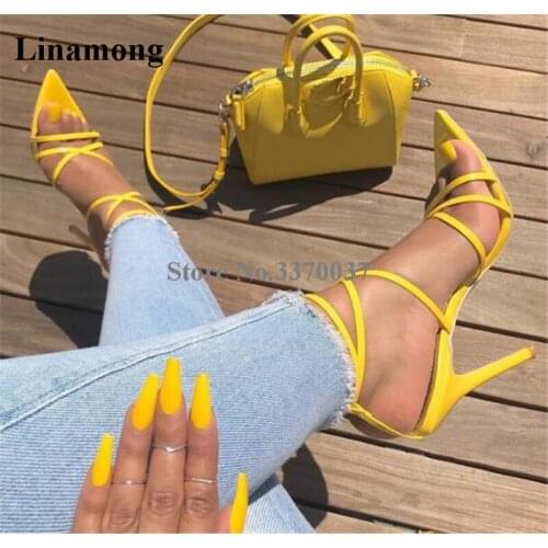 Women Luxury Pointed Toe Patent Leather Yellow Strap Cross Stiletto Heel Sandals Ankle Straps Gold Silver High Heel Sandals