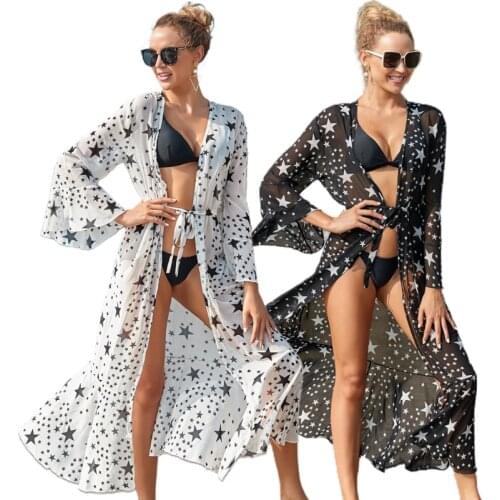 Women Bikini Swimsuit Cover Up Female Open Front Maxi Long Kimono Cardigan Five-Pointed Star Print Chiffon Ruffled Beach Dress