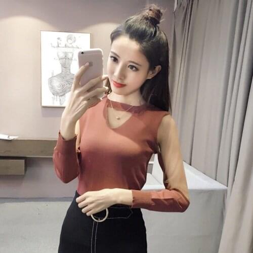 Woman Sweaters Pullover Autumn Winter T-shirt Gauzy Off-the-Shoulder Top Hollow Sexy Sweater Femme Chandails