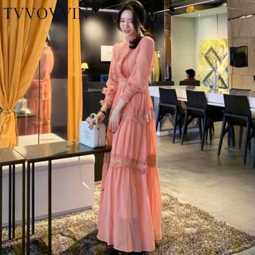 TVVOVVIN Dress Lace Patchwork Long Sleeve Chiffon Dresses Vintage Sexy Ruffles Pink Long Dresses Women 2020 New Fashion 1OOS