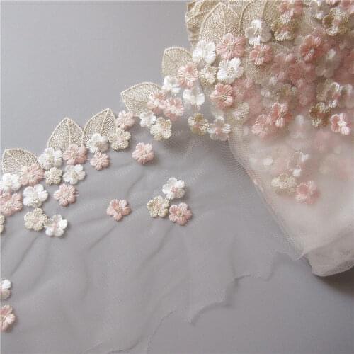 1 Yard Gold Leaf Pink Flower Soft Mesh Embroidered Lace Trim Fabric Sewing Supplies Craft Dress Clothes Curtains Sofa Decoration