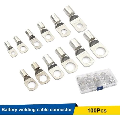100pcs Wire Lugs Battery Auto Copper Tube Terminals Battery Welding Cable Lug Ring Crimp Connectors Kit Car Accessories Tools