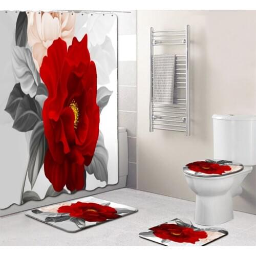4Pcs/Set Elegant Flowers Pattern Shower Curtain Mat Set Non Slip Rugs Carpet for Bathroom Christmas decor Toilet Bath 2 sizes