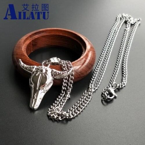 Ailatu Mens Bull Skull Head Stainless Steel Chain and Alloy Pendant Casting For Men Necklace Jewelry
