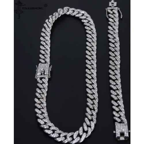 Iced Out Paved Rhinestones Bracelet 13MM Gold Gold Full Miami Curb Cuban Chain CZ Bling Rapper Necklaces For Men Hip Hop Jewelry