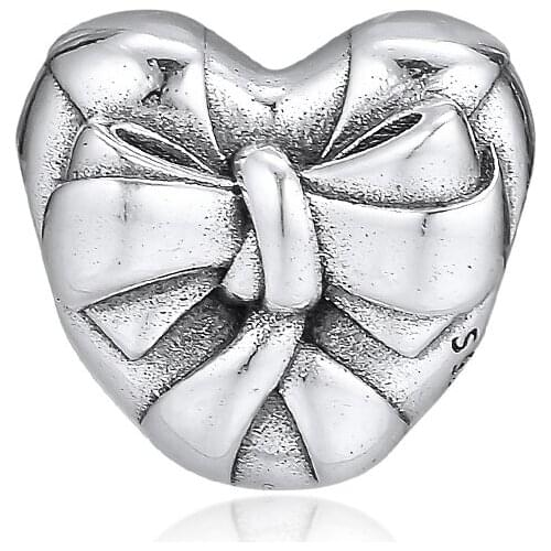 CKK Silver 925 Jewelry Fits Pandora Bracelets Brilliant Heart Bow Charms Original Sterling Silver Beads