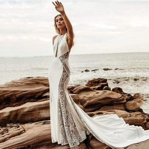 Eightree Lace Mermaid Wedding Dress Bohomian Sleeveless Beach Wedding Gowns Illusion Backless Bridal Dresses vestido de noiva