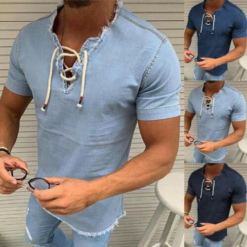 Mens Denim Short Sleeve V-Neck T-Shirt Casual Lace Up Pure Color Blouse Top Tee