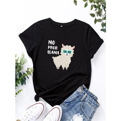 Newest Fashion No Probllama Llama Womens T-Shirt High Quality Short Sleeve Cartoon Girls T Shirt