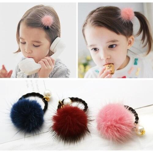 New Girls Cute Colors Hairball Pearl Elastic Hair Bands Children Faux Fur Rubber Bands Scrunchies Kids Lovely Hair Accessories