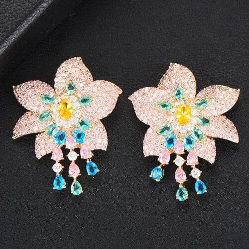LARRAURI Luxury FLower Cubic Zirconia Crystal Statement Earrings For Women Wedding Dubai Bridal Earrings Jewelry 2020