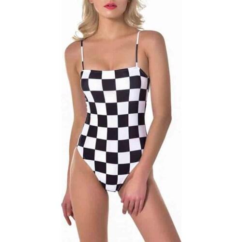 Womens Plaid Print Halter One Piece Swimwear Padded Wireless Bathing Suit Monokini