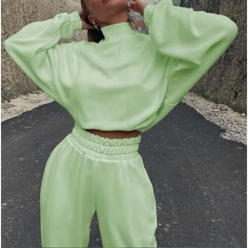 Women Two Piece Set 2021 Autumn Casual Fleece Oversize Tracksuit Long Sleeve Turtleneck Cropped Sweatshirt And Pencil Pant Suit