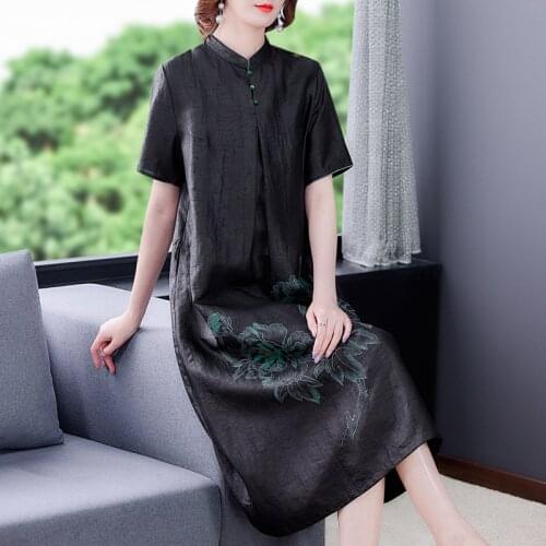 Summer Women Loose Black Mulberry Silk Vintage Midi Dress 2021 Casual Floral 5XL Plus Size Dress Elegant Bodycon Party Vestidos