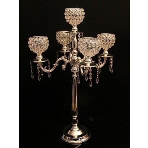 10pcs 75cm height 5-arms metal Chrome / Gold candelabras with crystal pendants wedding candle holder Event centerpiece fang