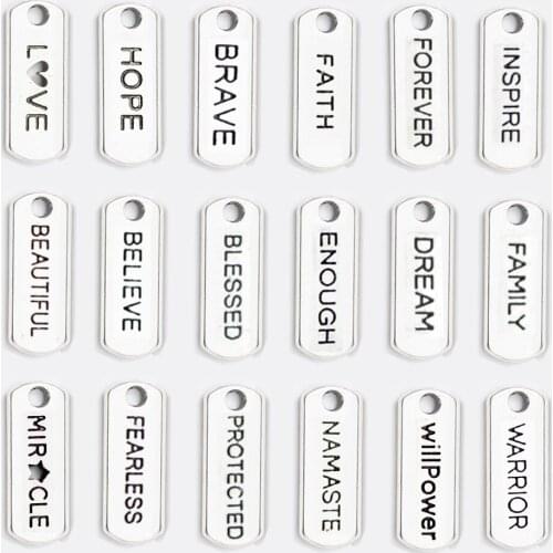 20pcs 21x8mm Nameplate Faith Hope Brave Love Blessed Believe Dream Zinc alloy Charms Pendant Jewelry DIY Necklace Bracelet