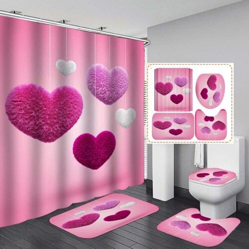 Love Wedding Shower Curtains 4pcs Sets Fabric 3D Pink Sweet Cute Love Hooks Bathroom Curtain Toilet Decor Bath Mats Rugs Carpets