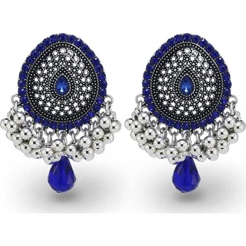 Afghan Jewelry Oxidized Silver Color Metal Big Drop Earrings Green Blue Crystal Statement Earring Indian Bridal Wedding Gift