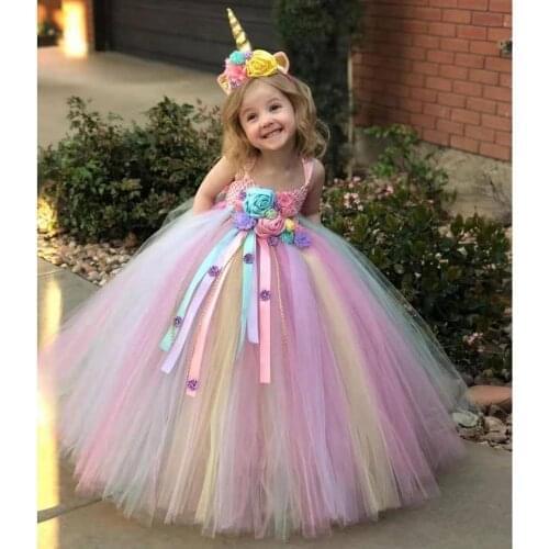 Free shipping Girls Dress Kids Fluffy Crochet Long Tulle Dress Ball Gown with Hairbow Children Wedding Party Dress
