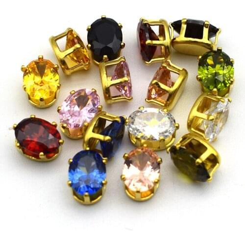 Free Shipping Artificial Gemstones Oval Zircon With Gold Base Garment Dress Crystal Rhinestones 6*8MM