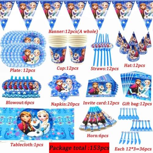 Baby Girl Happy Party Supplies Frozen Cup Plate Straw Paper Tableware set Frozen Princess Birthday Banner Party Decor Tablecloth