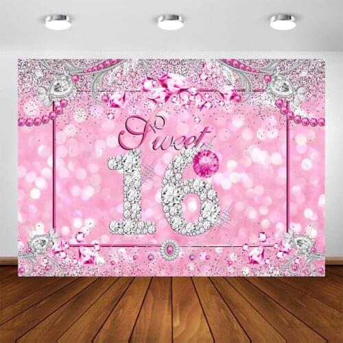 Girl Sweet 16th Party Decoration Photography Backdrop Diamond Sweet Sixteen Glitter Pink Background for Photo Booth Supplies