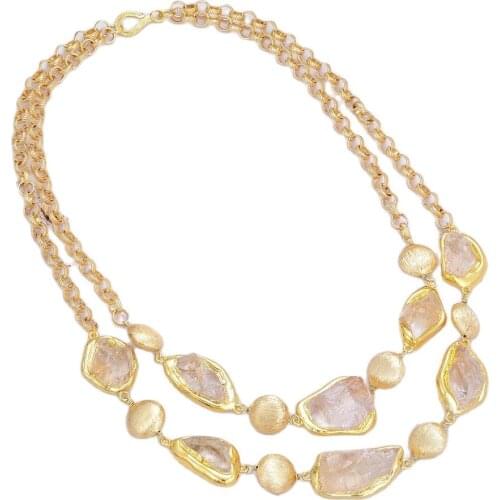 GG Jewelry 21" 2 Strands Natural Yellow Citrines Rough Brushed Beads Gold Color Plated Necklace For Women