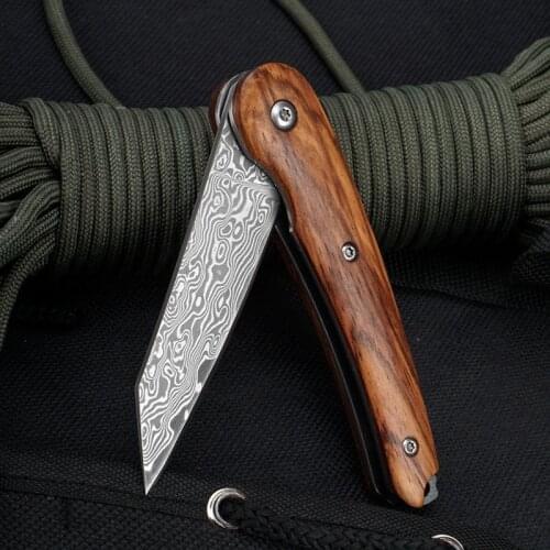 Damascus Pocket Folding fixed blade Knife Wood Handle Tactical Self-defense Knife Hunting Camping Survival EDC Rescue Tools
