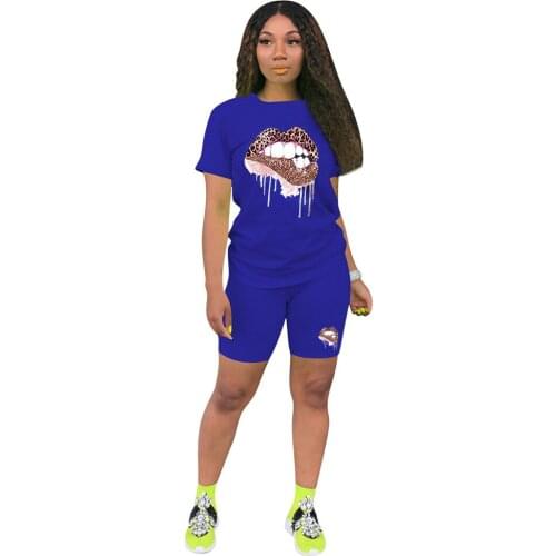 Short Sets Womens Loungewear Set Leopard Lips Printed T-Shirts Tops Shorts Two Piece Set Casual Loose Womens Summer Clothing