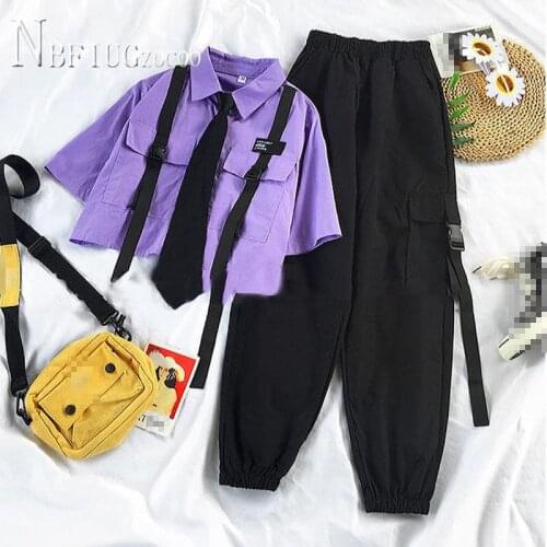 Summer Women Sets Students Korean Loose Short Sleeve Blouse And High Waist Pants Female Sets