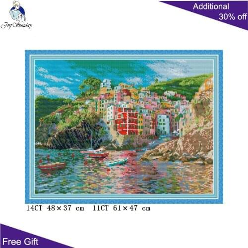 Joy Sunday Beach House Home Decoration FA065 Counted Stamped The Seaside Town Embroidery DIY Cross Stitch Kit