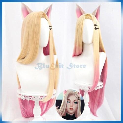 NEW KDA Baddest Ahri Wig LoL Cosplay Gradual Yellow Pink Synthetic Hair 85cm Long Straight Wig Women Ahri Cosplay