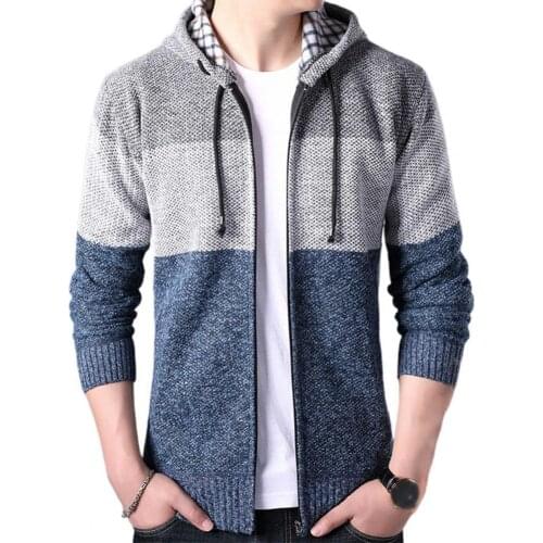 Autumn Winter Men Long Sleeve Color Block Zipper Slim Jacket Plush Warm Coat