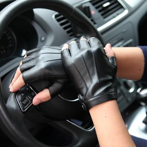 Semi-Finger PU Leather Gloves Male Half-Fingers Tactics Driving Men Gloves Fashion Black Five Finger Mittens PM013PN